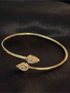 Golden Open Teardrop Cuff Bracelet with Crystal Accents - Women Jewelry